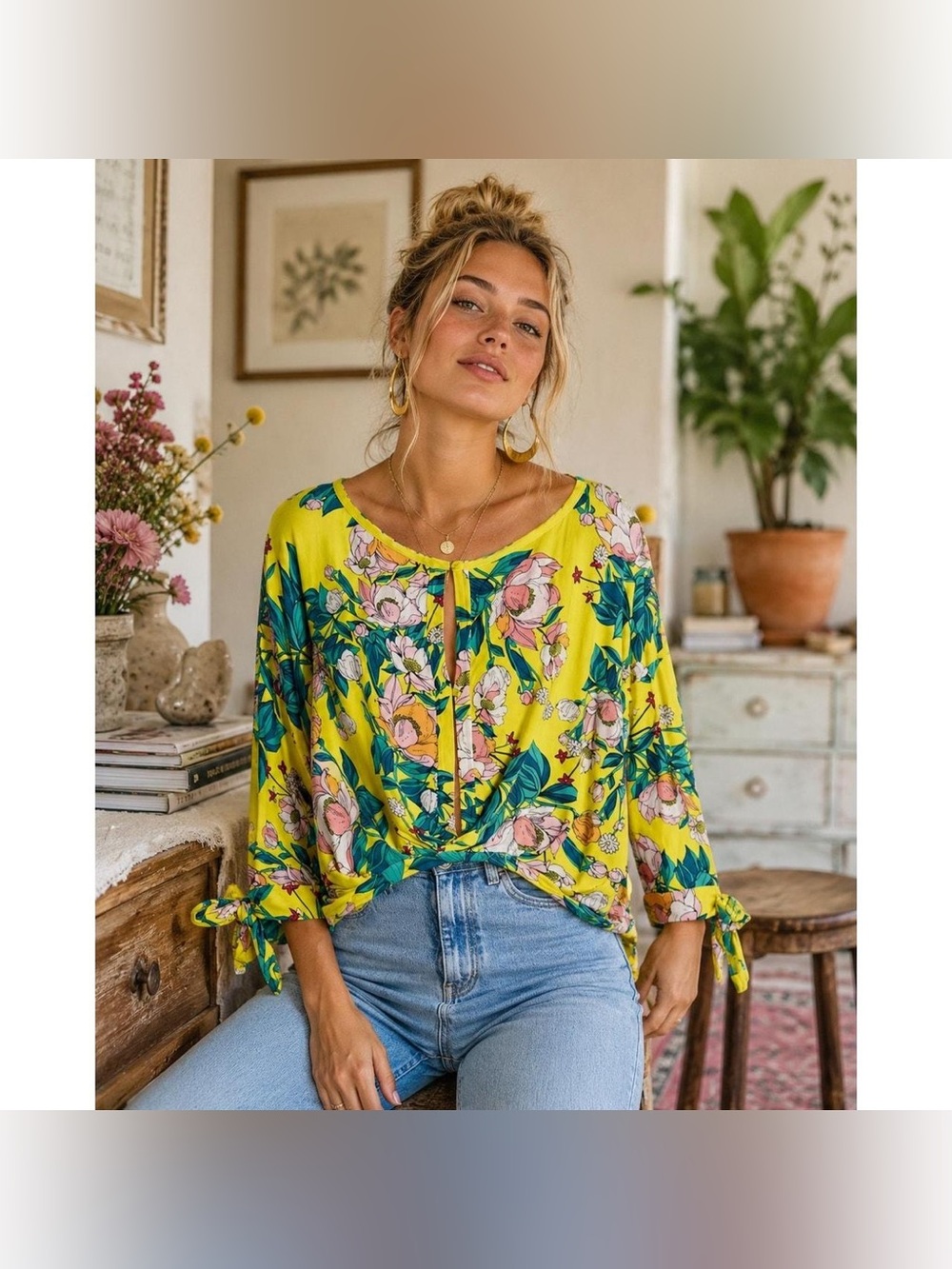 Free People tropical floral yellow keepin on tie sleeve top